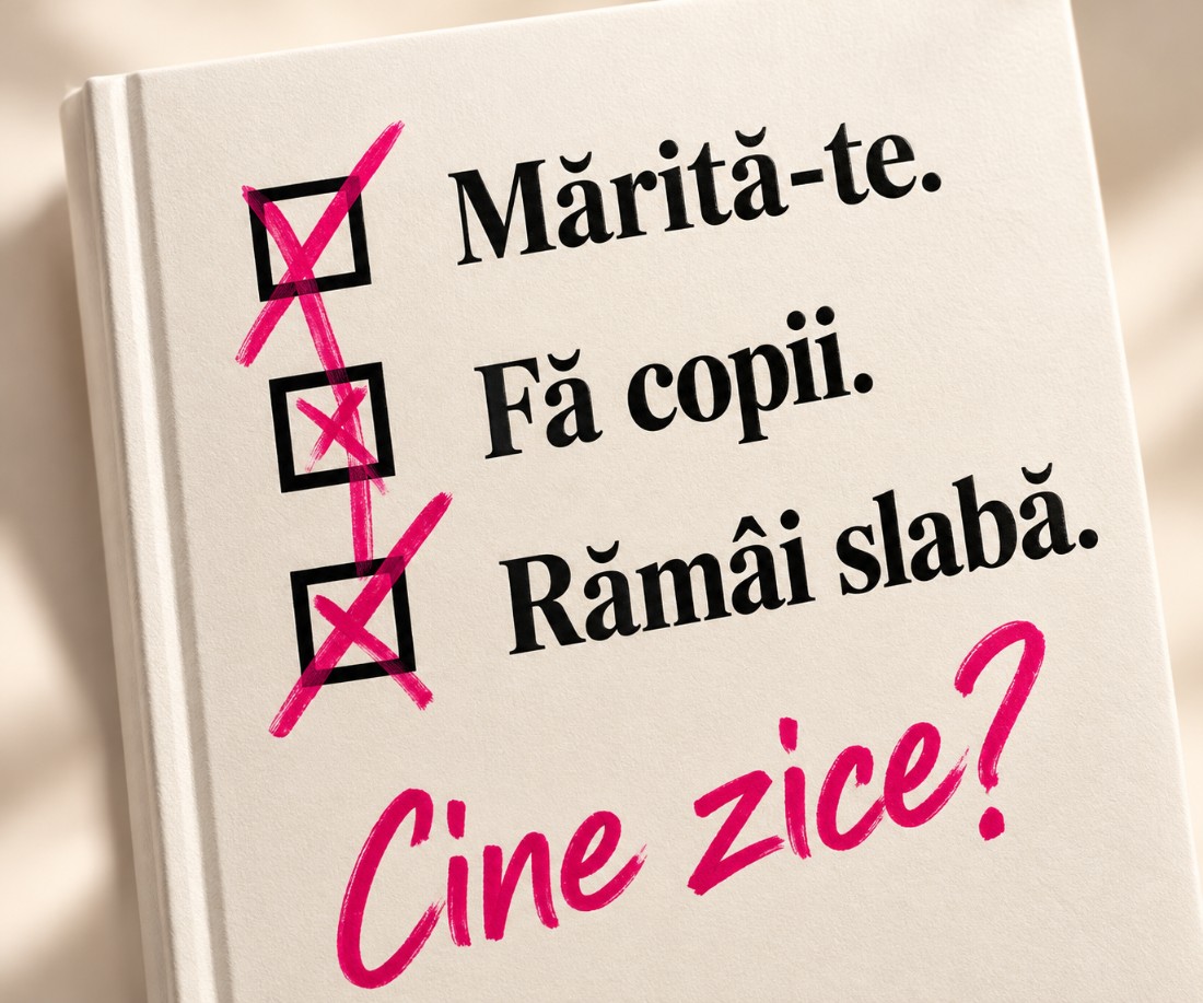 Detaliu din coperta cărții: „Mărită-te. Fă copii. Rămâi slabă.” — toate bifate cu X. „Cine zice?”